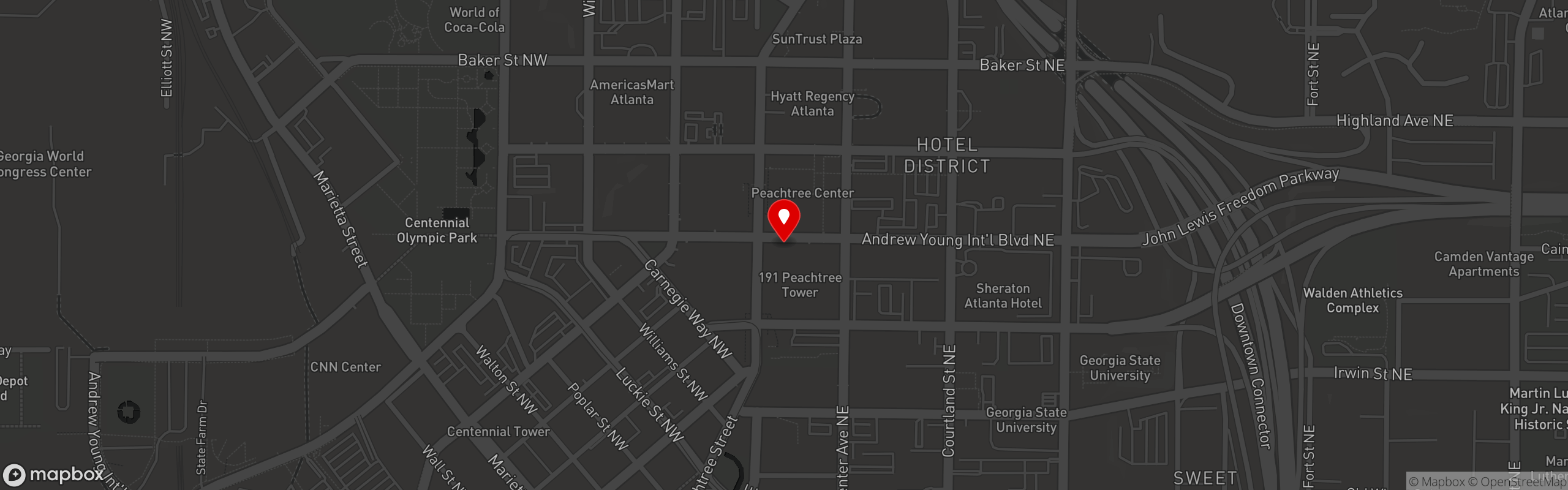 Map showing American Dive on Andrew Young International Boulevard in Downtown Atlanta.